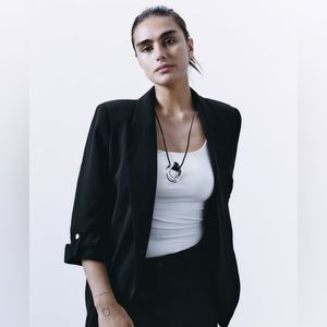 Zara Open Front Blazer with Rolled Up Sleeves Black